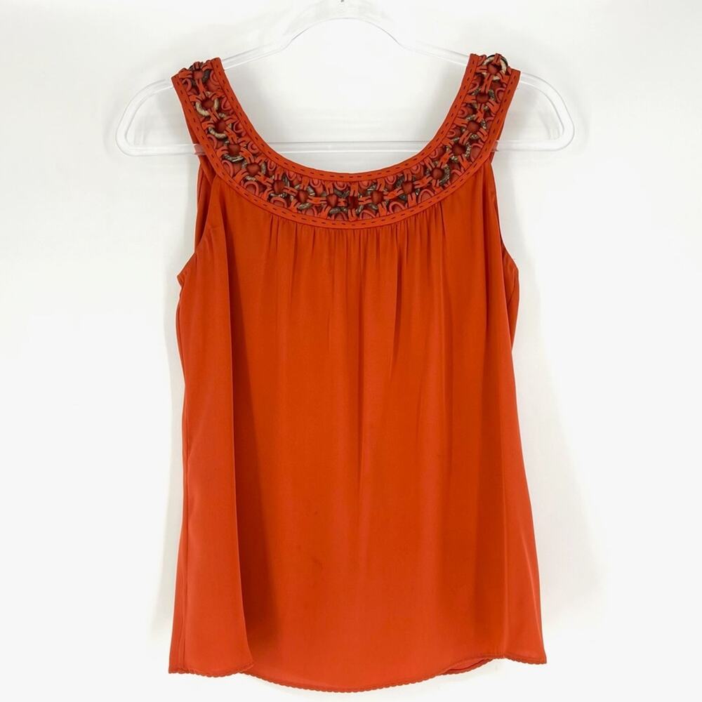 Elie Tahari Silk Tank with Wooden Detail Burnt Orange Small